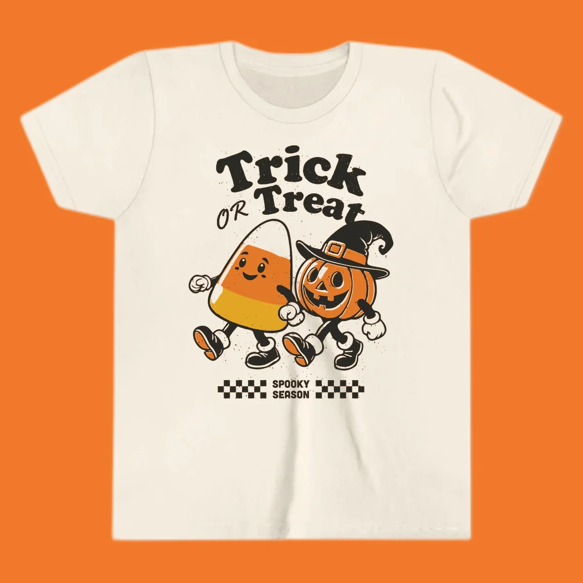 Trick or treat pals candy corn and pumpkin characters walking together, vintage style. Halloween design.