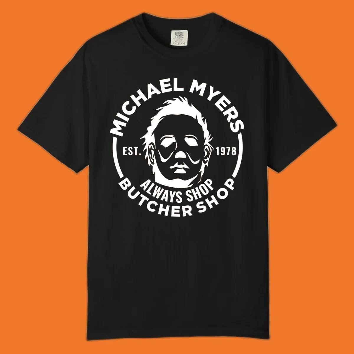 Michael Myers butcher shop logo with mask and text. michael-myers-butcher-shop.