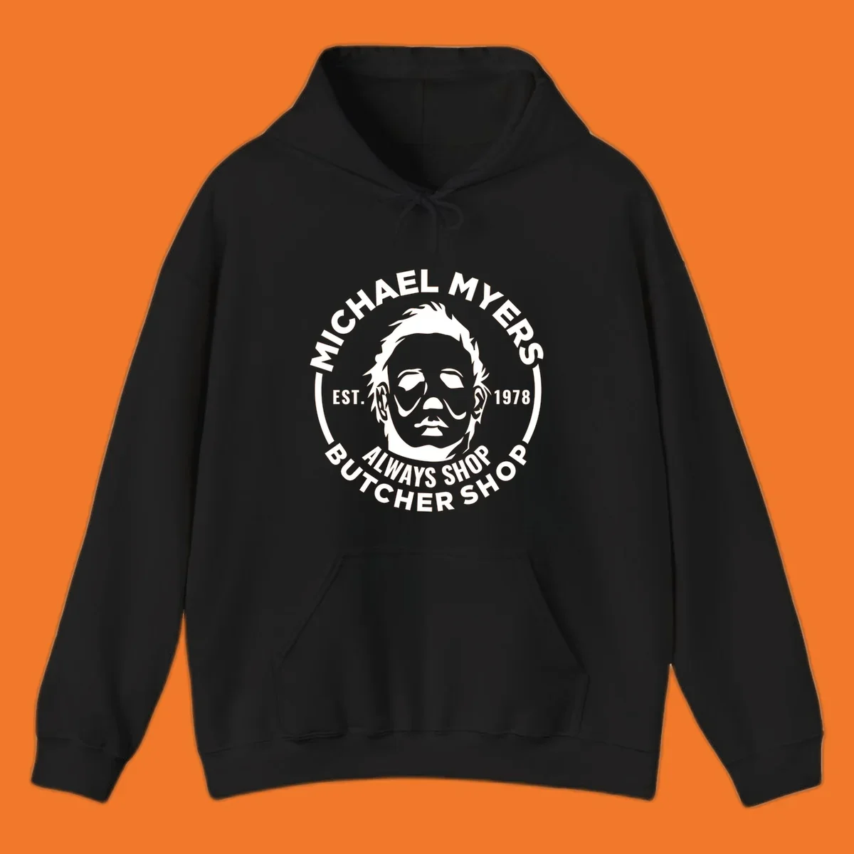 Michael Myers butcher shop logo with mask and text. michael-myers-butcher-shop.
