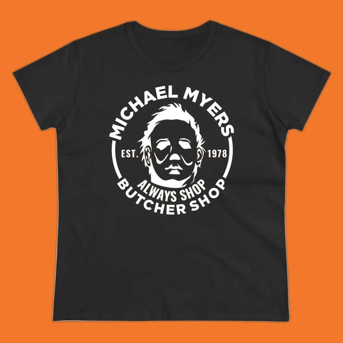 Michael Myers butcher shop logo with mask and text. michael-myers-butcher-shop.