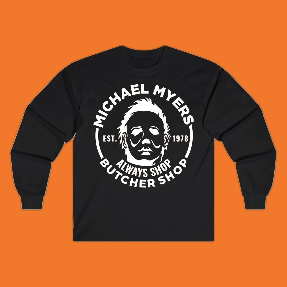 Michael Myers butcher shop logo with mask and text. michael-myers-butcher-shop.