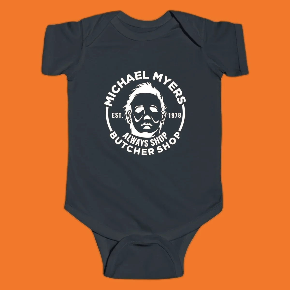 Michael Myers butcher shop logo with mask and text. michael-myers-butcher-shop.