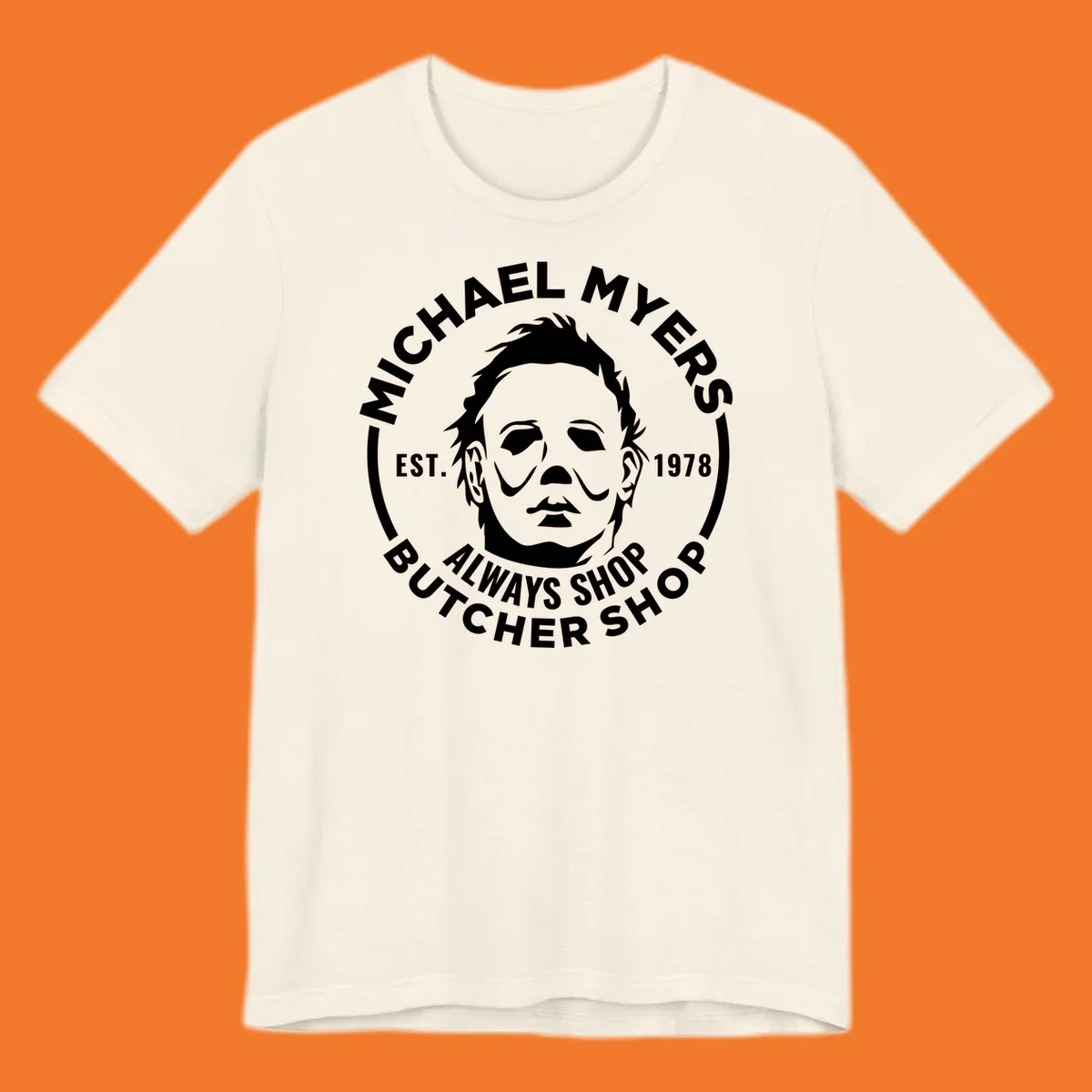 Michael Myers butcher shop logo with mask and text. michael-myers-butcher-shop.