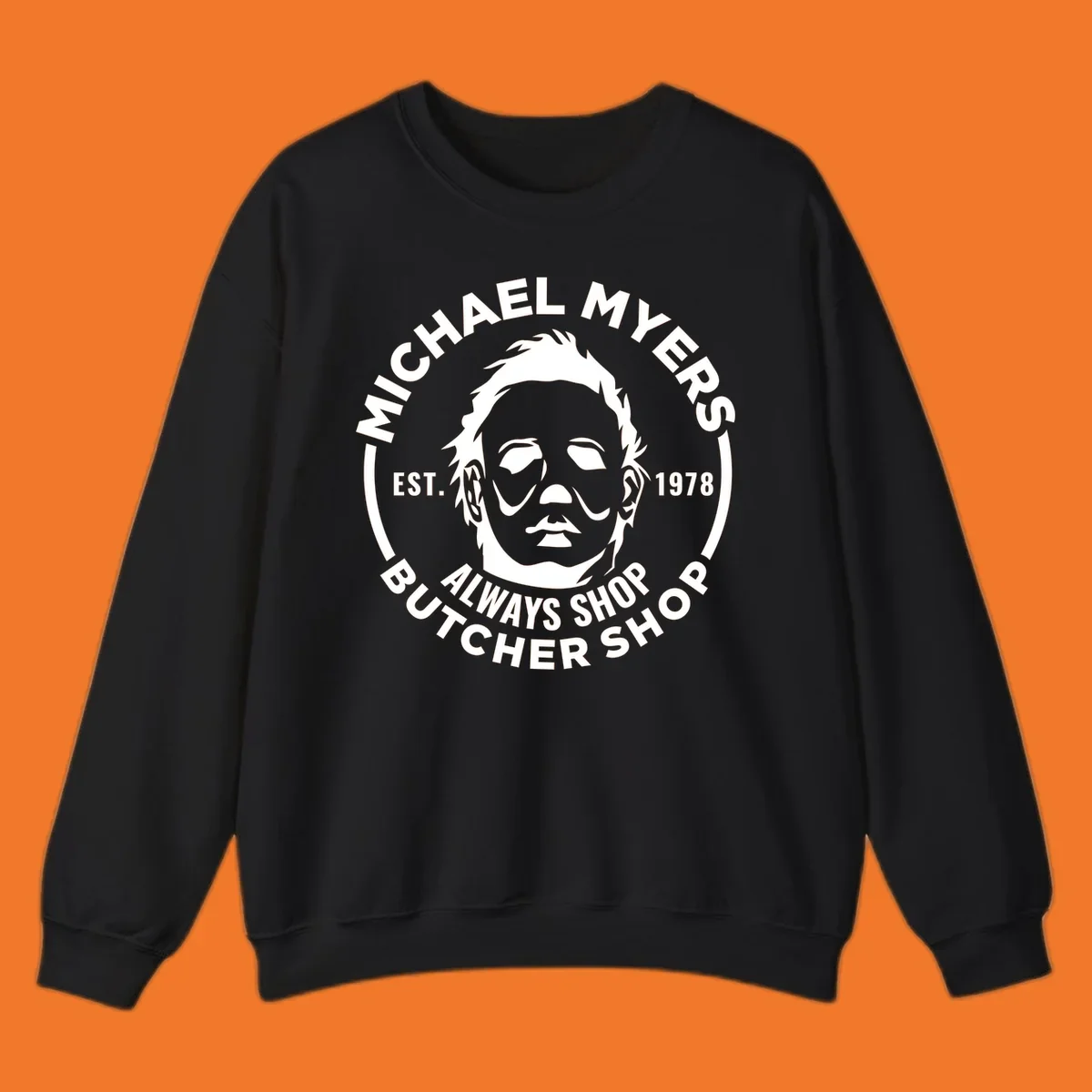 Michael Myers butcher shop logo with mask and text. michael-myers-butcher-shop.