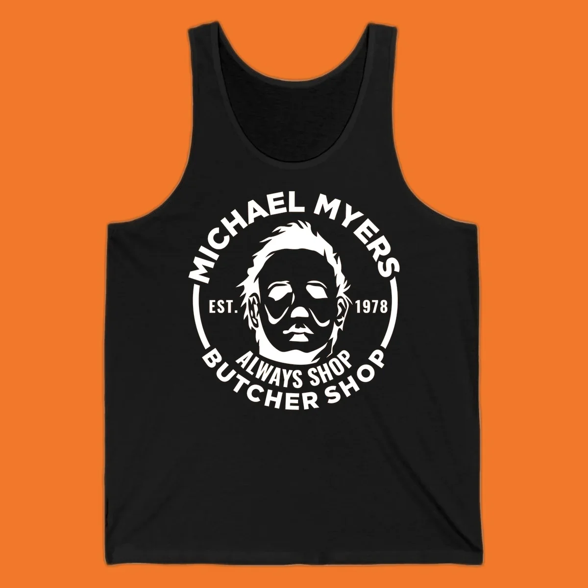 Michael Myers butcher shop logo with mask and text. michael-myers-butcher-shop.