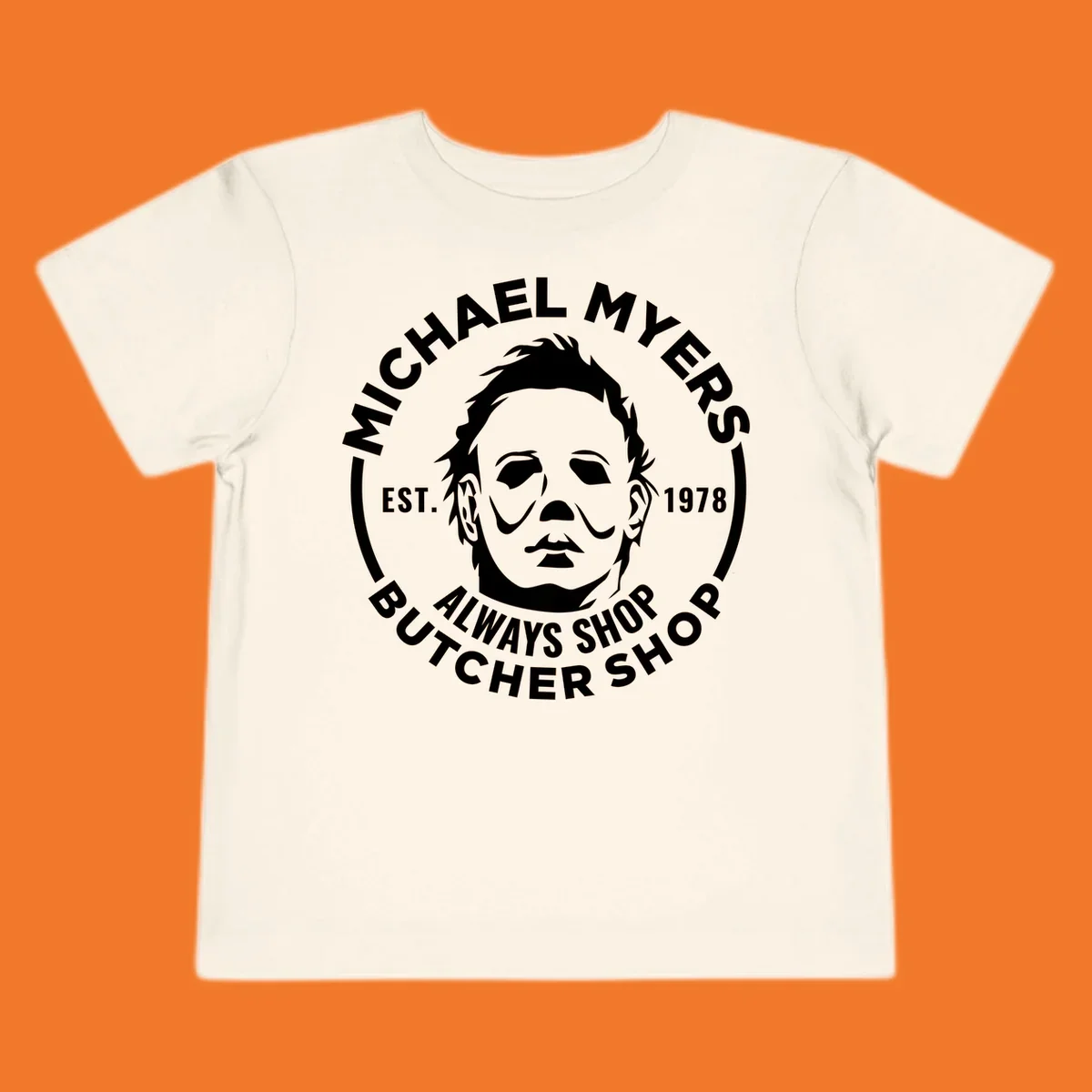 Michael Myers butcher shop logo with mask and text. michael-myers-butcher-shop.