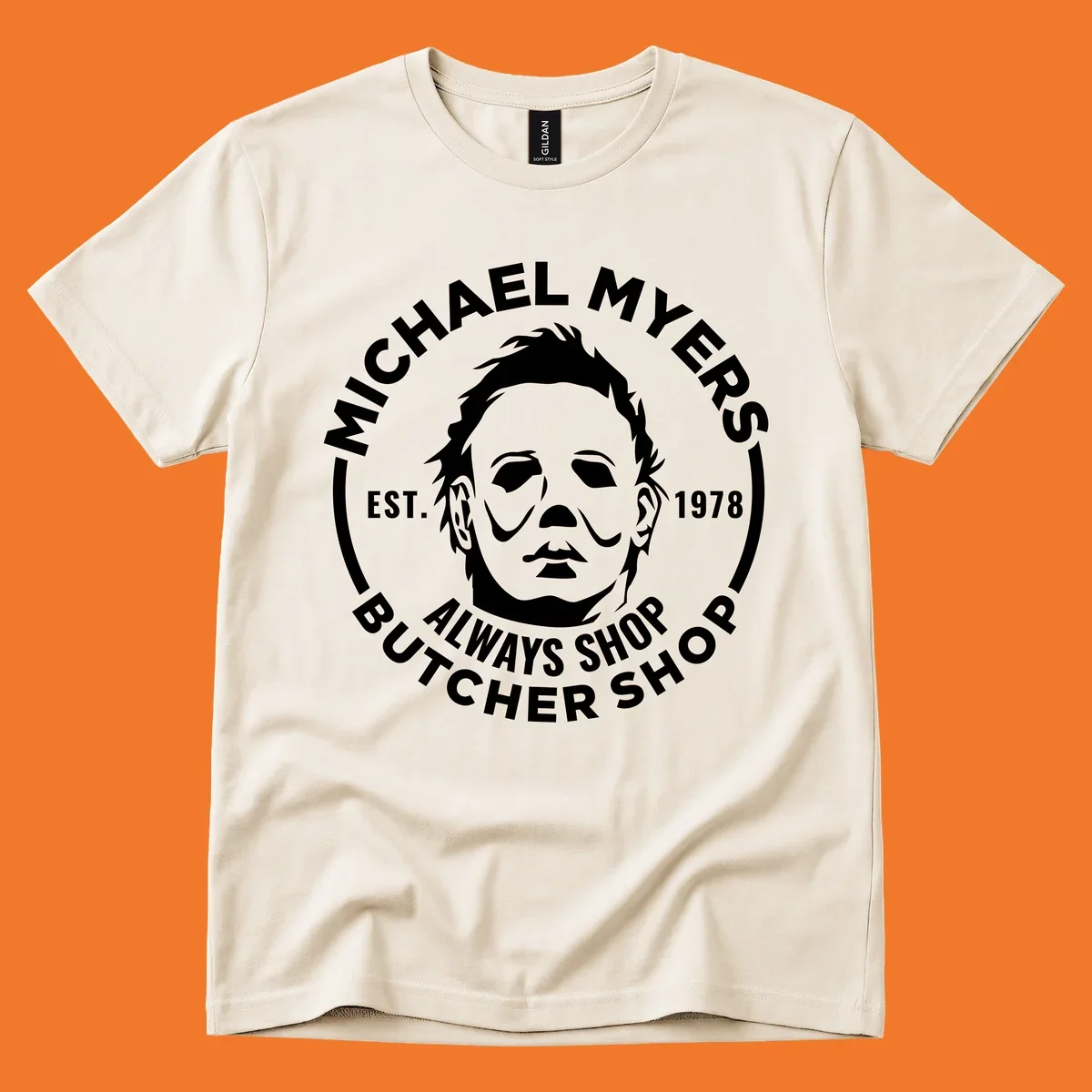 Michael Myers butcher shop logo with mask and text. michael-myers-butcher-shop.
