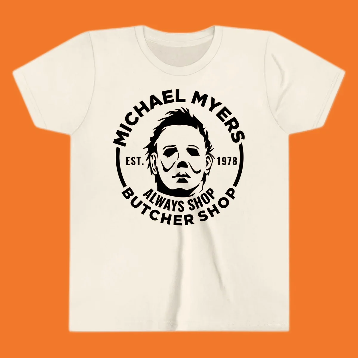 Michael Myers butcher shop logo with mask and text. michael-myers-butcher-shop.