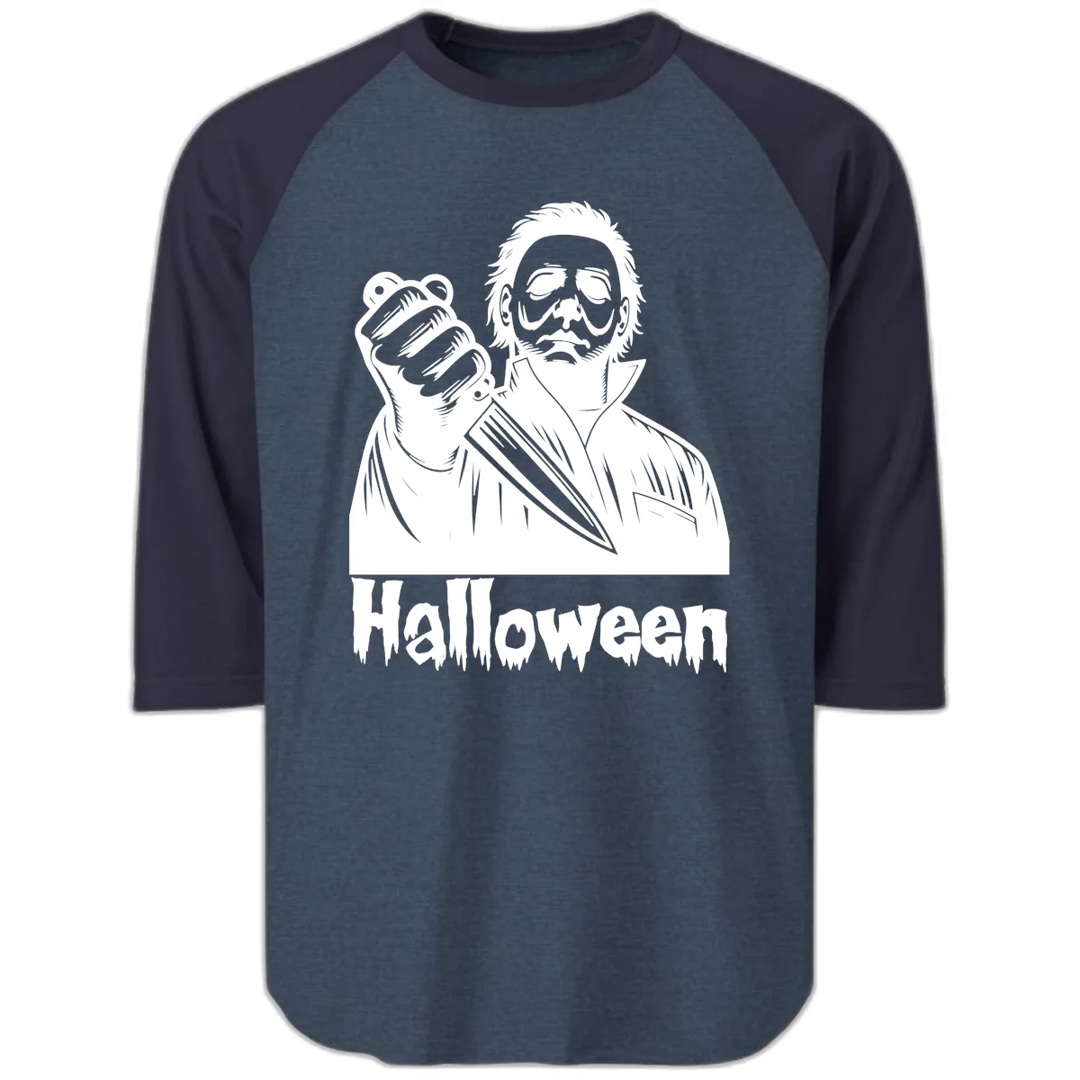 Michael Myers Halloween Slasher Raglan 3/4 in Heather Denim Navy