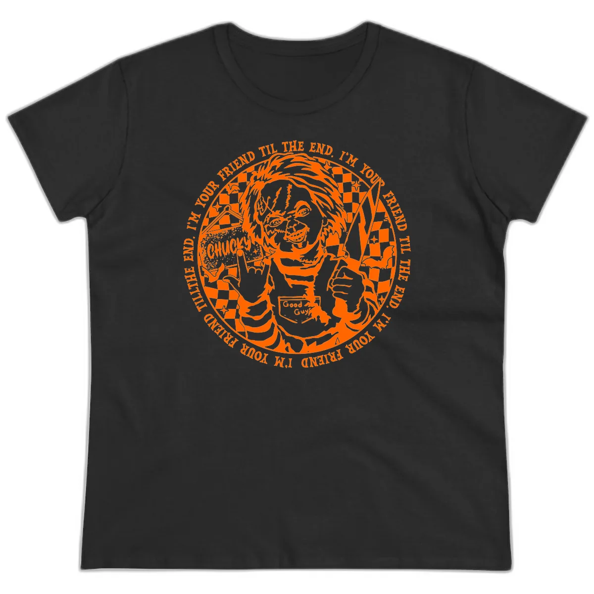 Chucky Friend Til The End Design Ladies Tee in Black