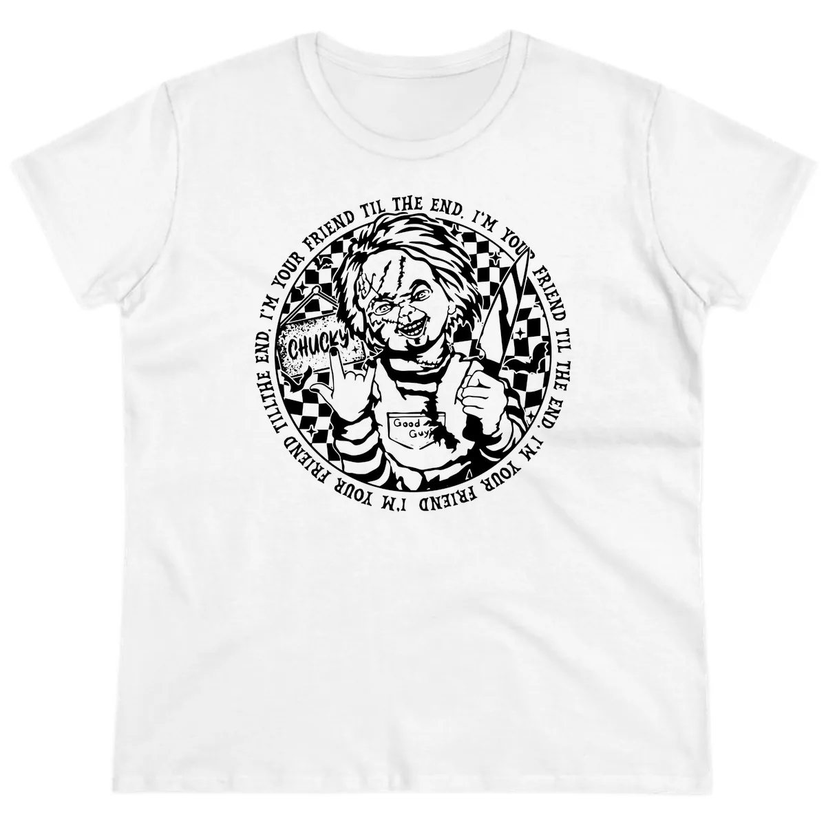 Chucky Friend Til The End Design Ladies Tee in White