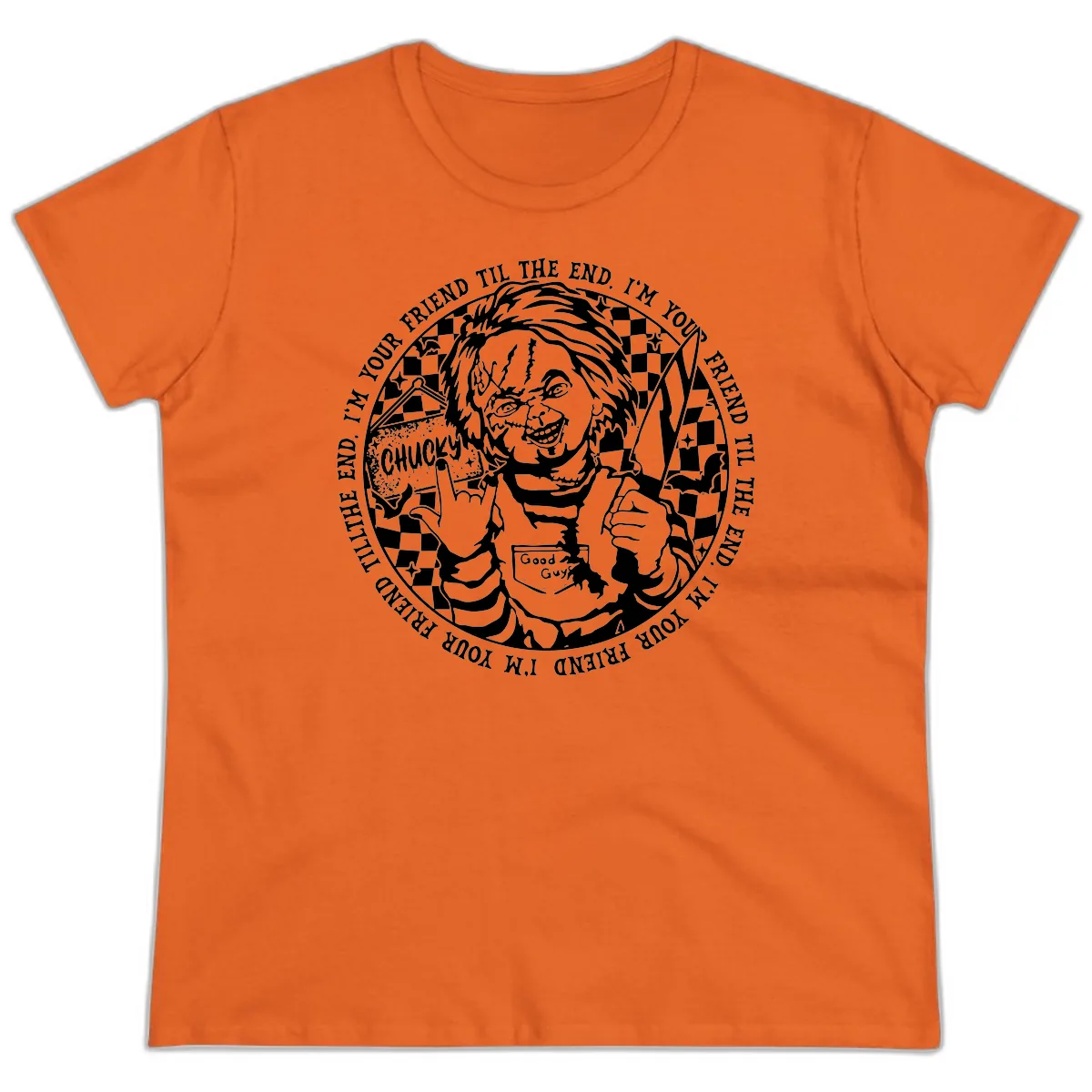 Chucky Friend Til The End Design Ladies Tee in Orange