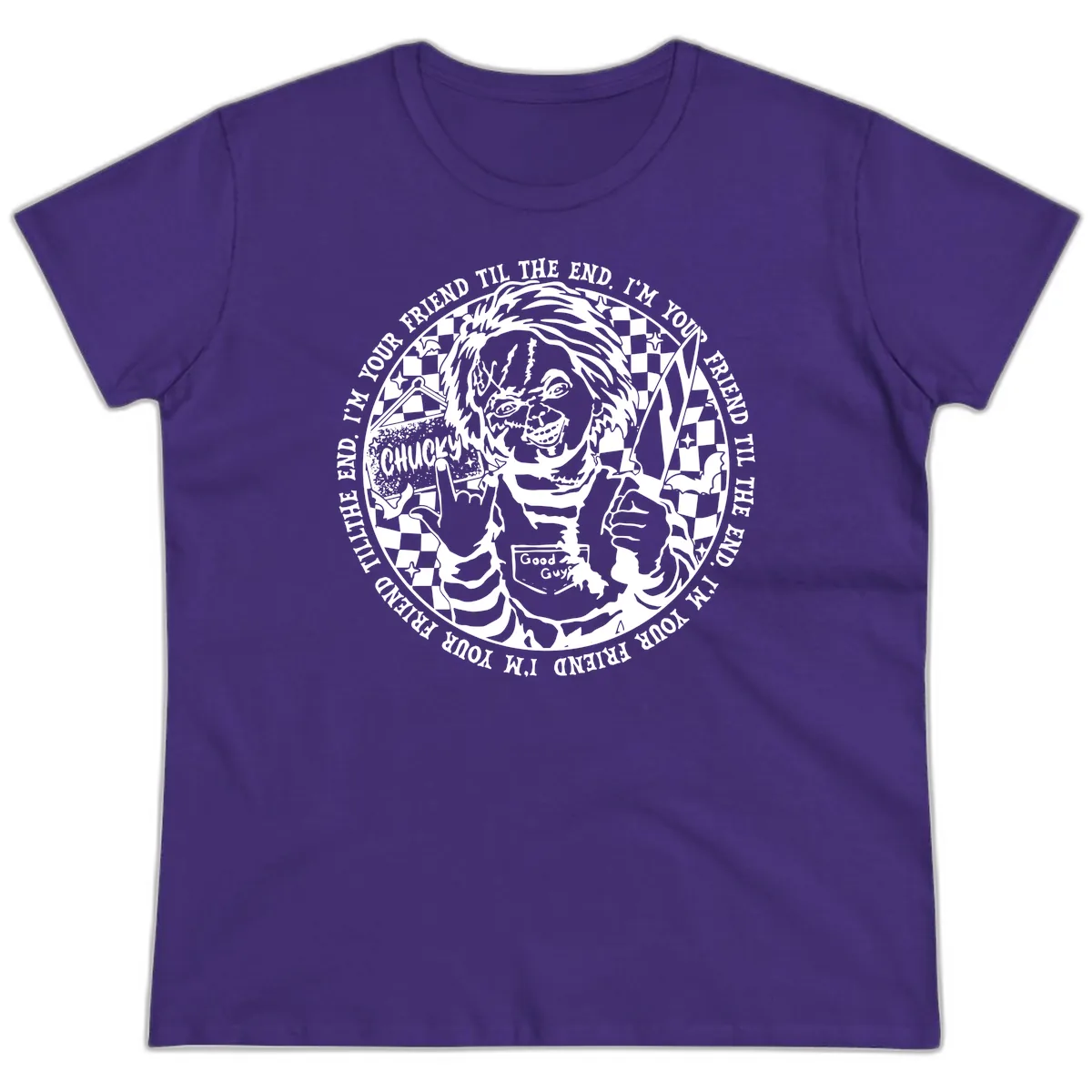 Chucky Friend Til The End Design Ladies Tee in Purple