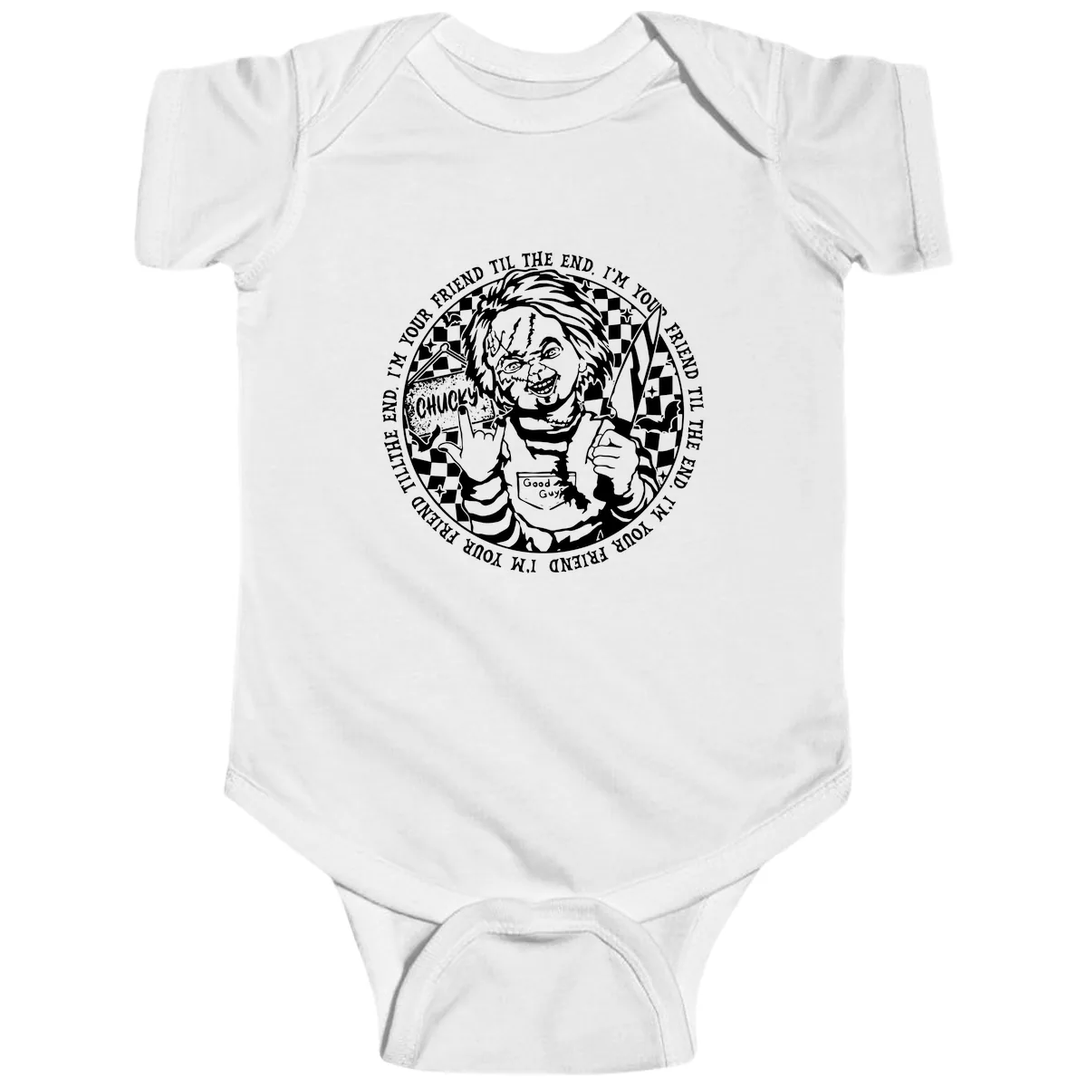 Chucky Friend Til The End Design Baby Onesie in White