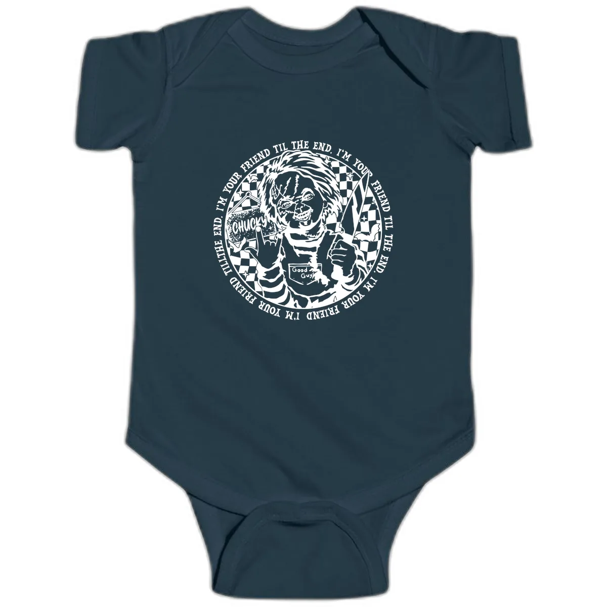 Chucky Friend Til The End Design Baby Onesie in Navy