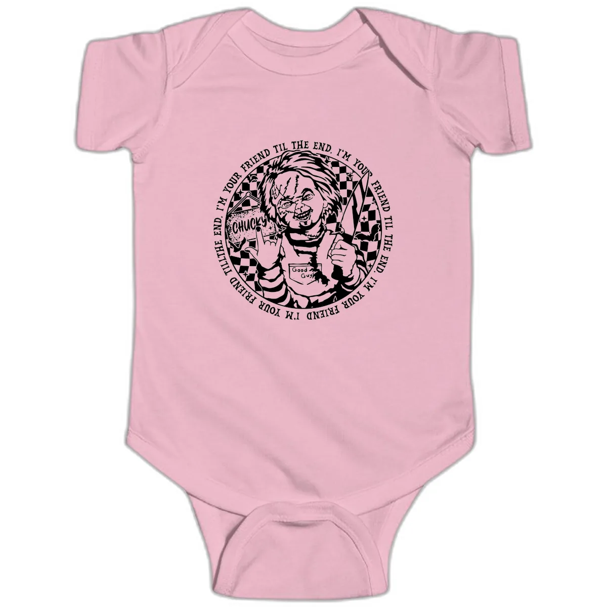 Chucky Friend Til The End Design Baby Onesie in Pink