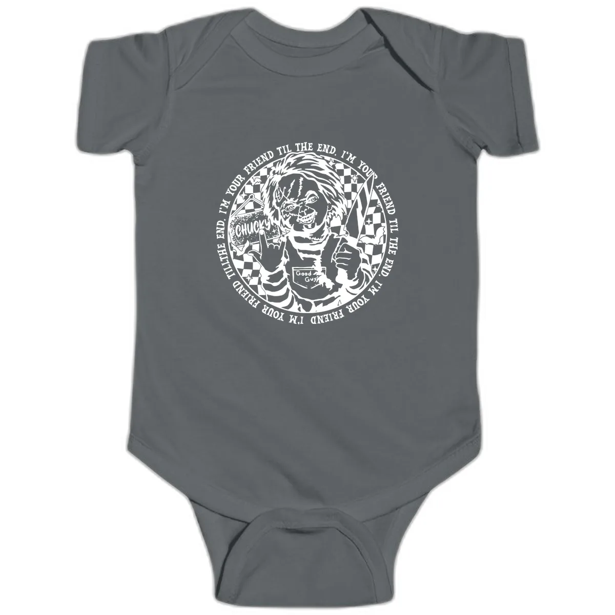 Chucky Friend Til The End Design Baby Onesie in Charcoal