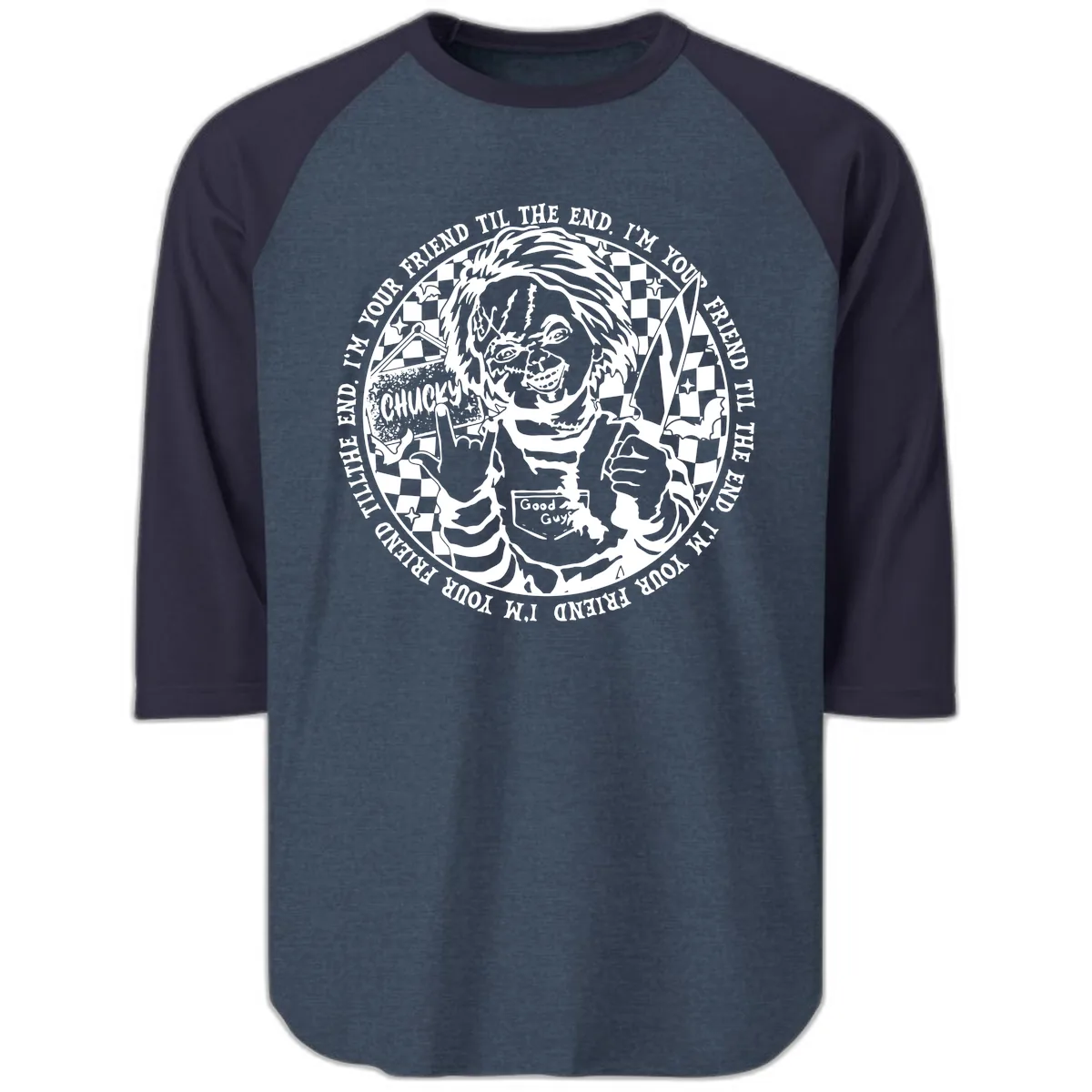 Chucky Friend Til The End Design Raglan 3/4 in Heather Denim Navy