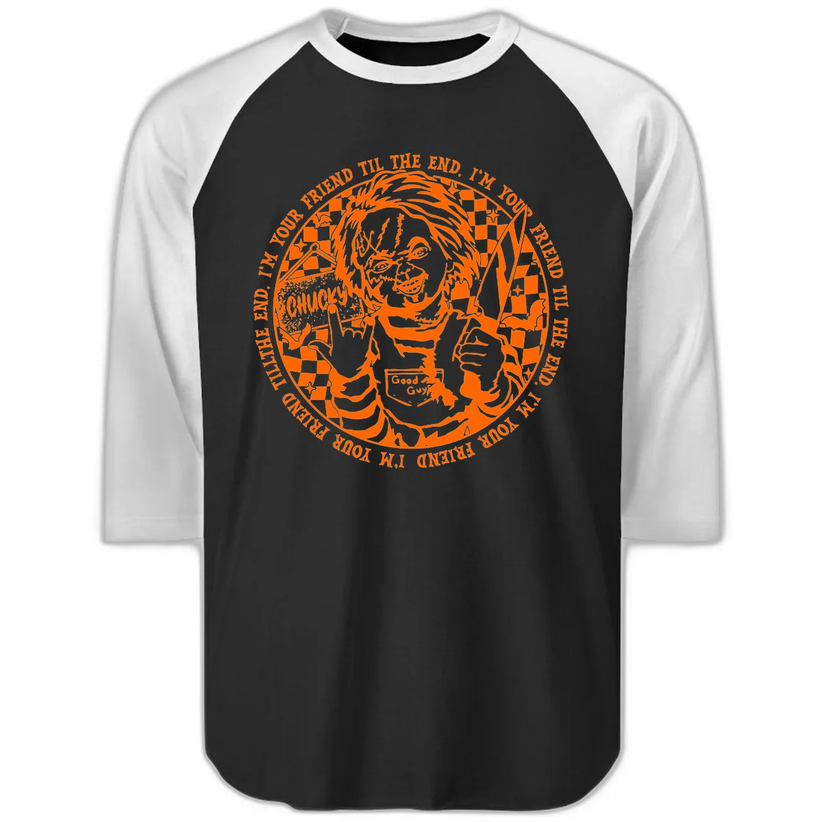 Chucky Friend Til The End Design Raglan 3/4 in Black White