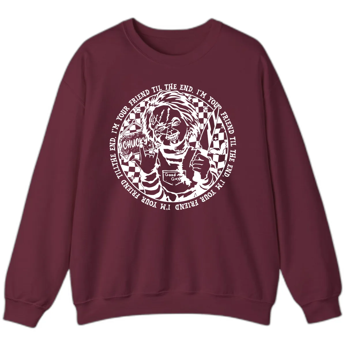 Chucky Friend Til The End Design Sweatshirt in Maroon