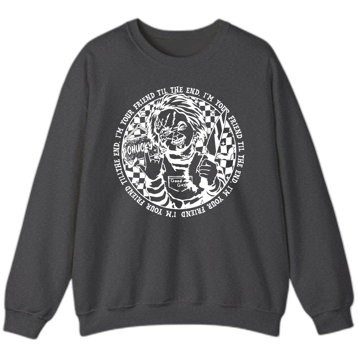 Chucky Friend Til The End Design Sweatshirt in Dark Heather