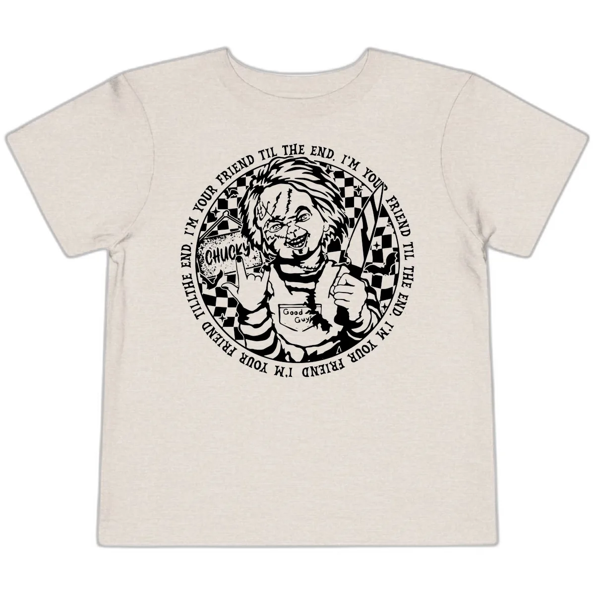 Chucky Friend Til The End Design Toddler T-Shirt in Heather Dust