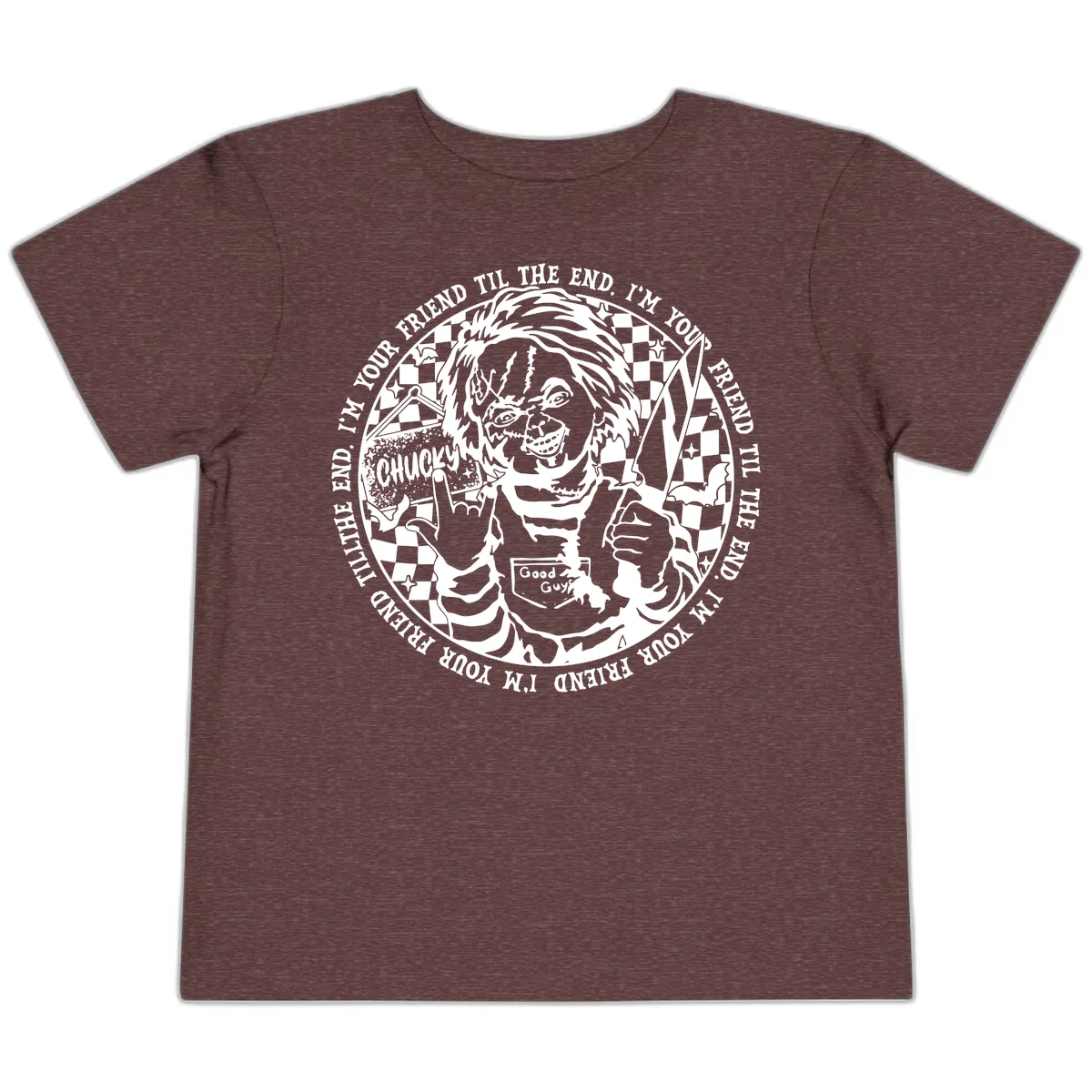 Chucky Friend Til The End Design Toddler T-Shirt in Heather Maroon