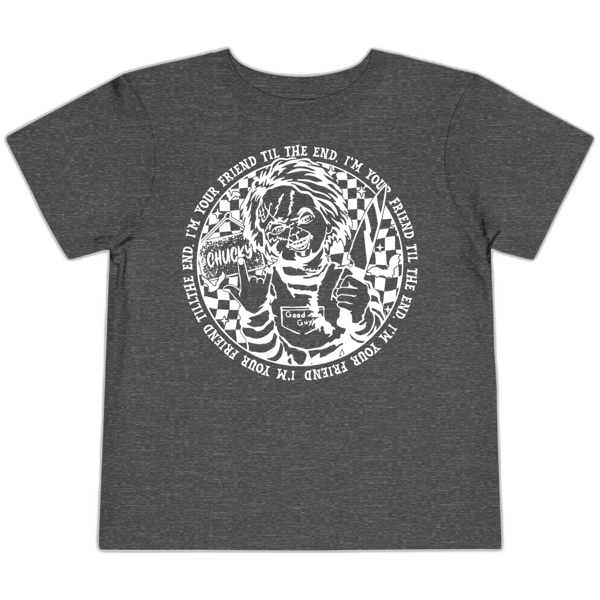 Chucky Friend Til The End Design Toddler T-Shirt in Dark Heather Grey