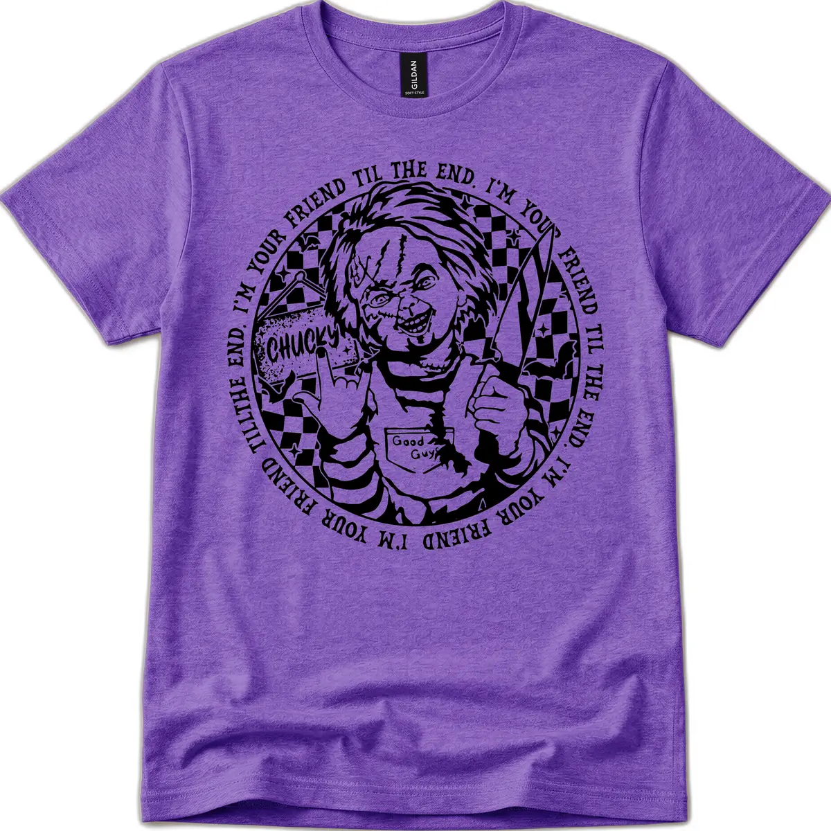 Chucky Friend Til The End Design T-Shirt in Heather Purple