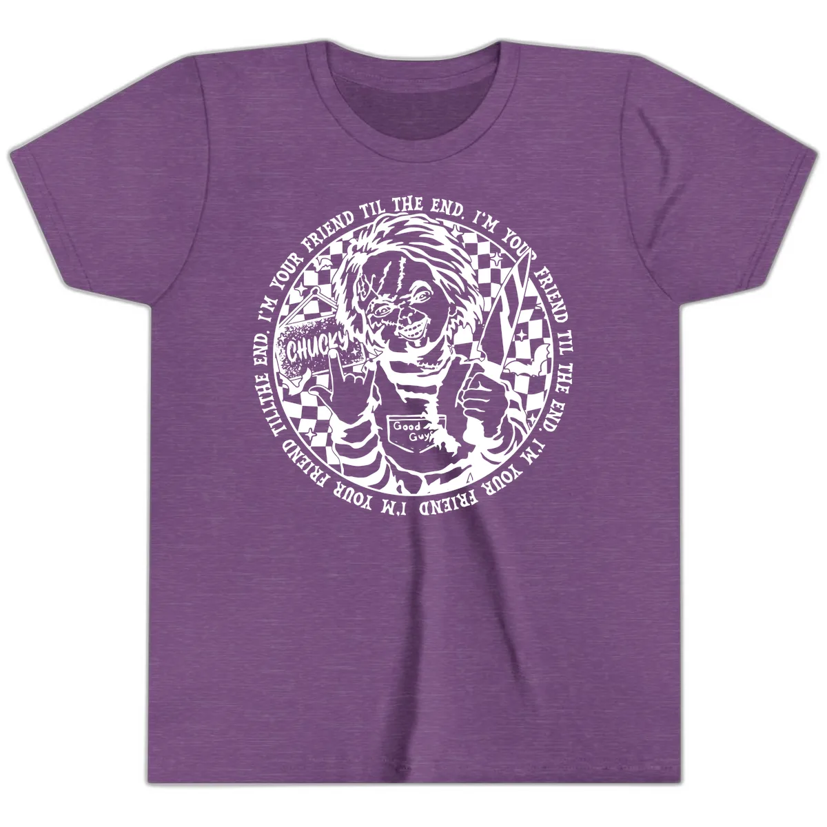 Chucky Friend Til The End Design Youth T-Shirt in Heather Team Purple