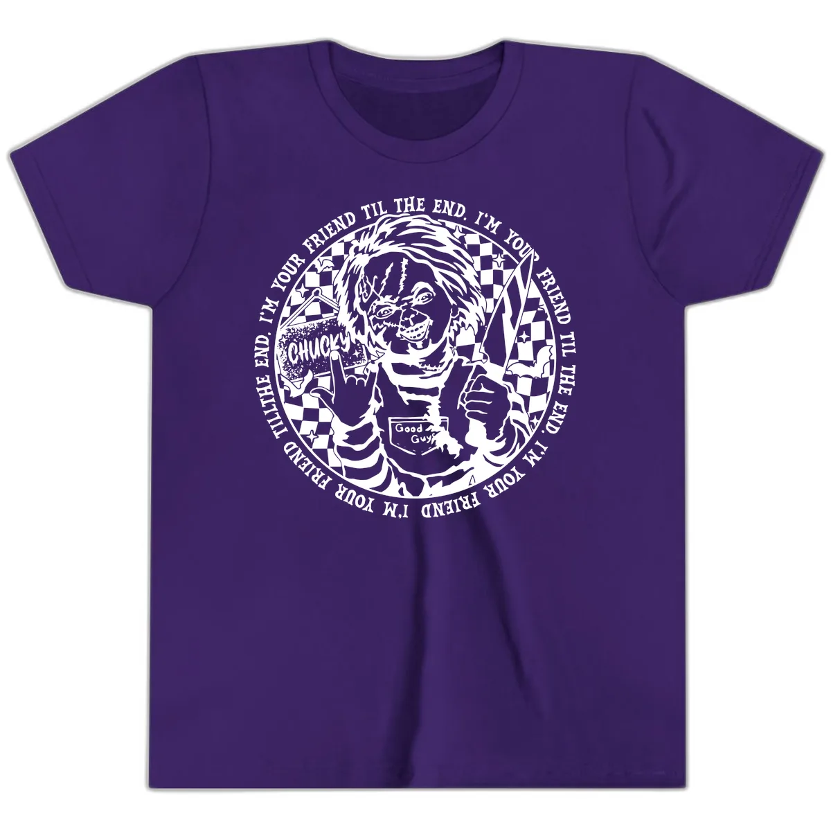 Chucky Friend Til The End Design Youth T-Shirt in Team Purple