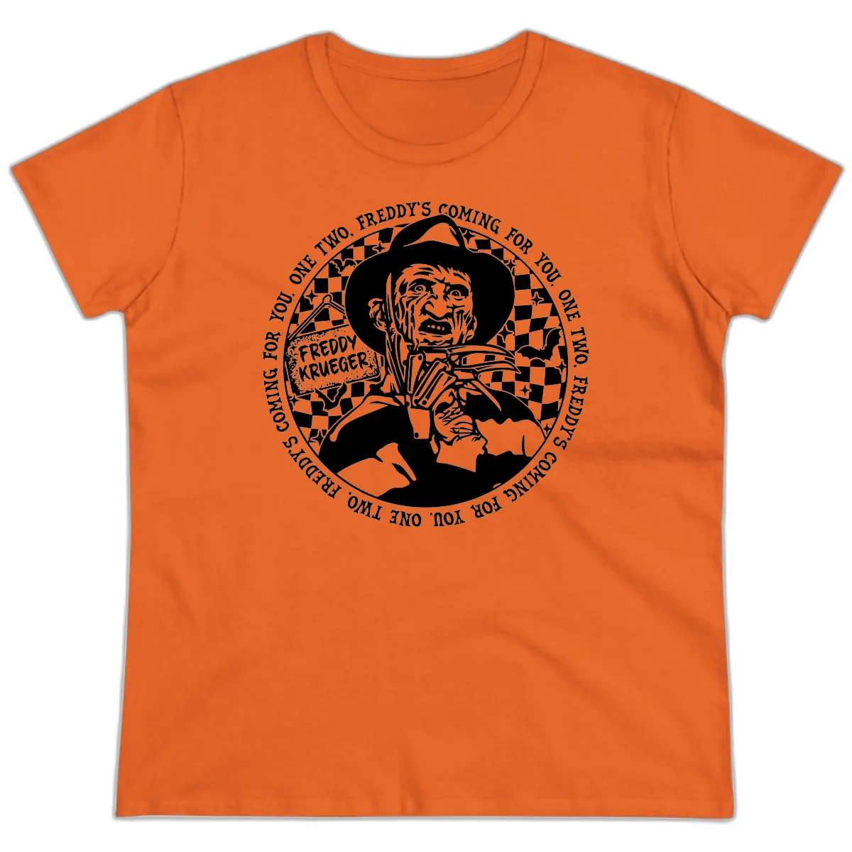 Freddy Krueger Nightmare Verse Ladies Tee in Orange