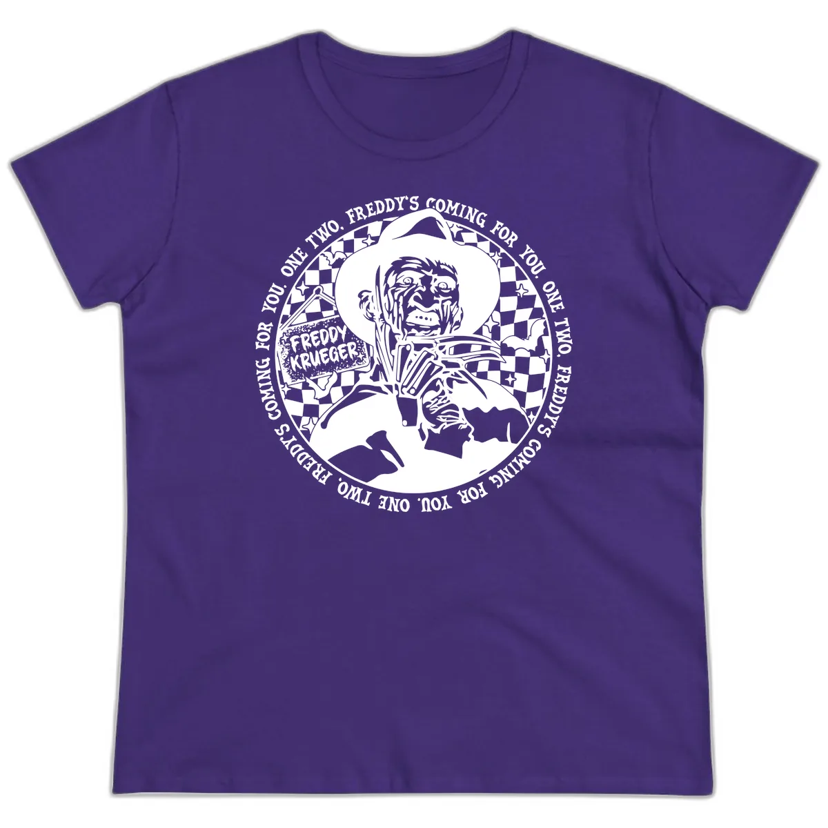 Freddy Krueger Nightmare Verse Ladies Tee in Purple