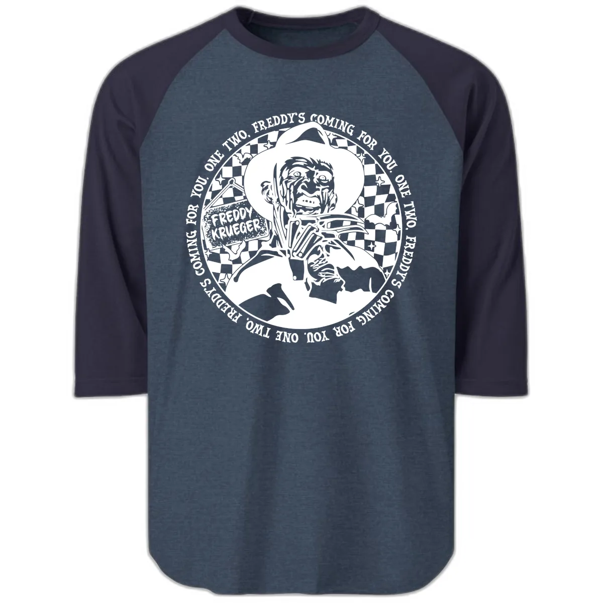 Freddy Krueger Nightmare Verse Raglan 3/4 in Heather Denim Navy