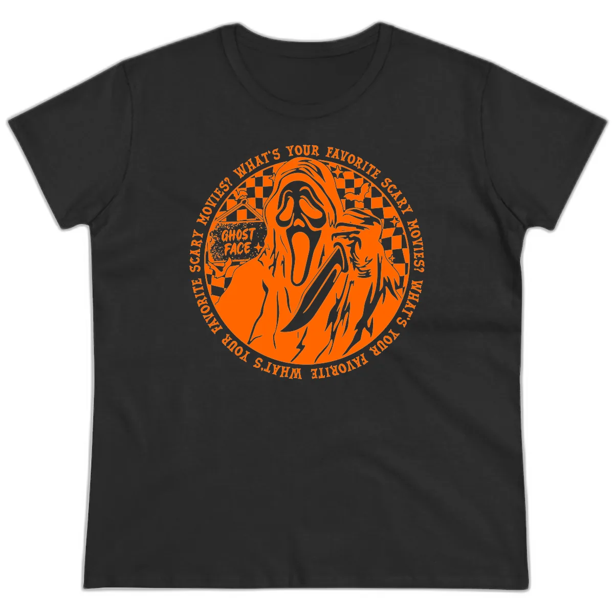 Ghost Face Favorite Scary Movies Ladies Tee in Black