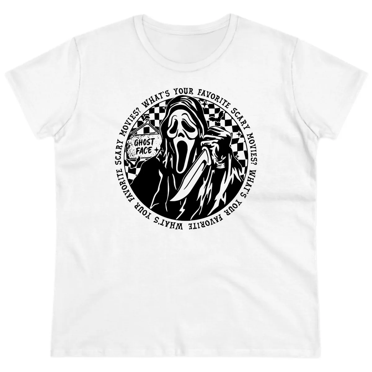 Ghost Face Favorite Scary Movies Ladies Tee in White