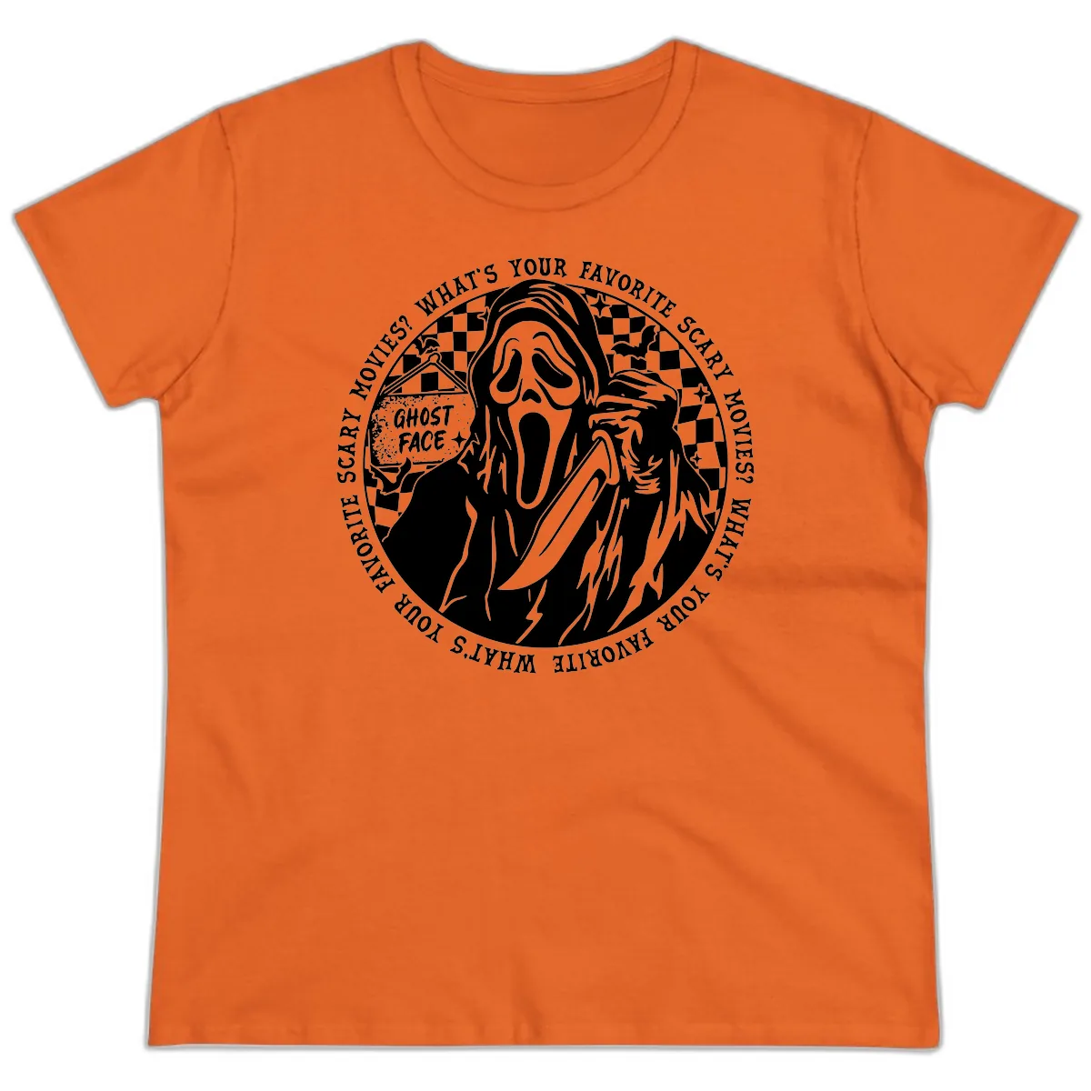 Ghost Face Favorite Scary Movies Ladies Tee in Orange