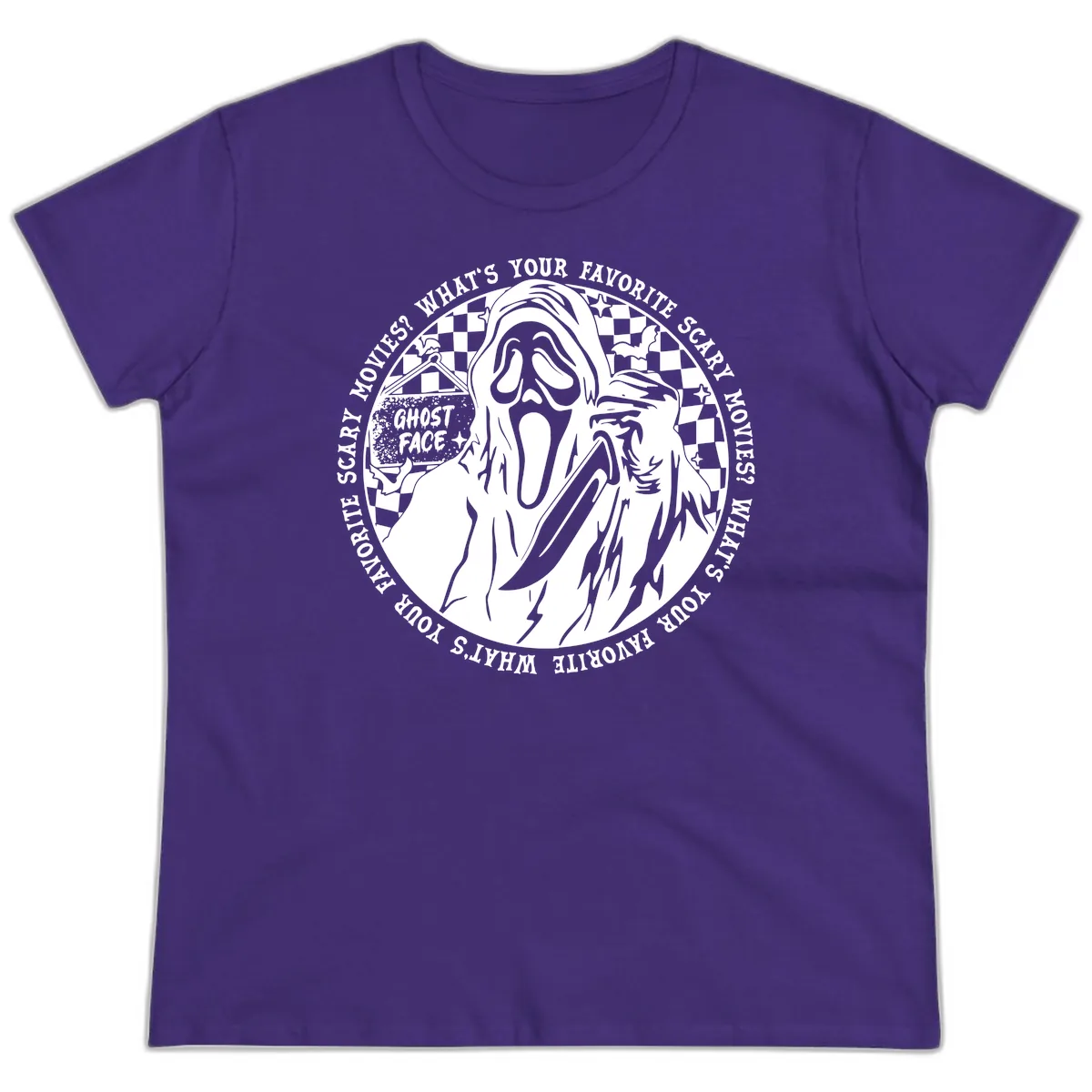 Ghost Face Favorite Scary Movies Ladies Tee in Purple
