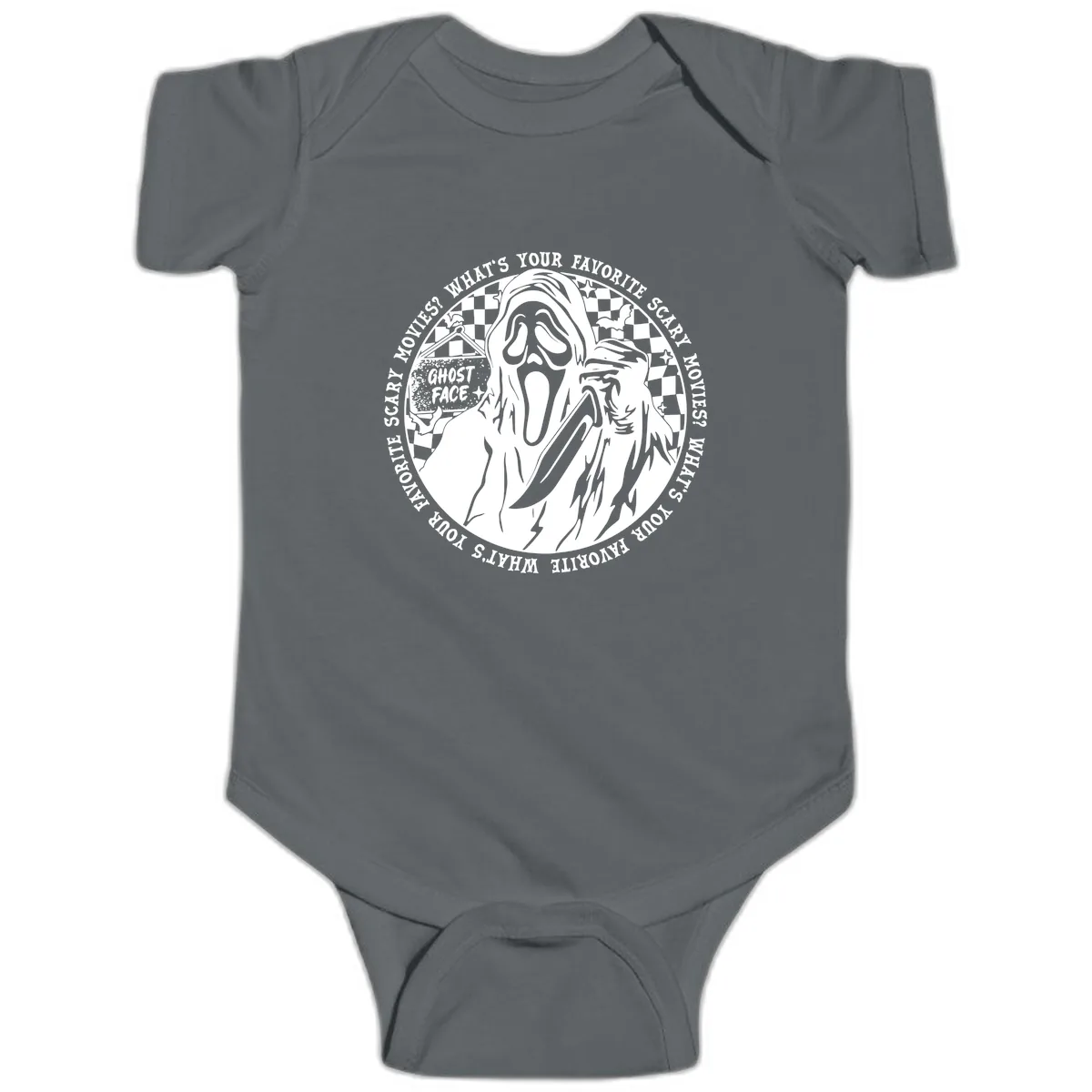 Ghost Face Favorite Scary Movies Baby Onesie in Charcoal