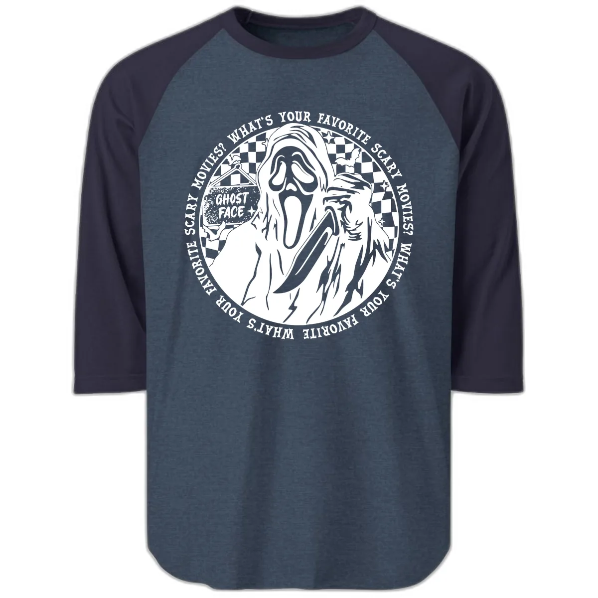 Ghost Face Favorite Scary Movies Raglan 3/4 in Heather Denim Navy