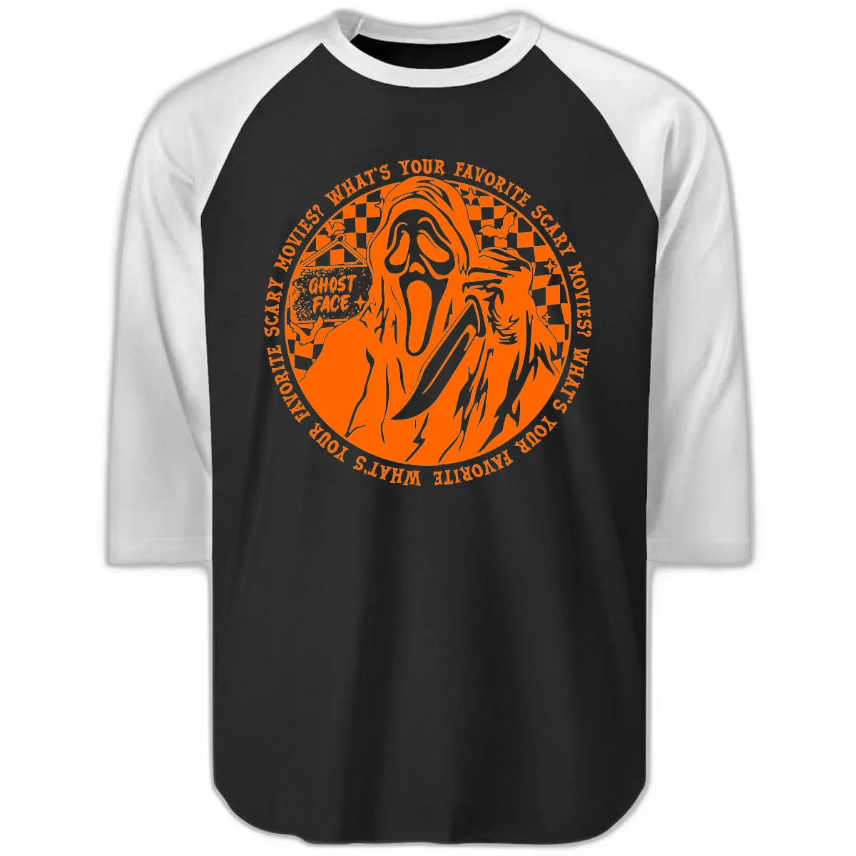 Ghost Face Favorite Scary Movies Raglan 3/4 in Black White