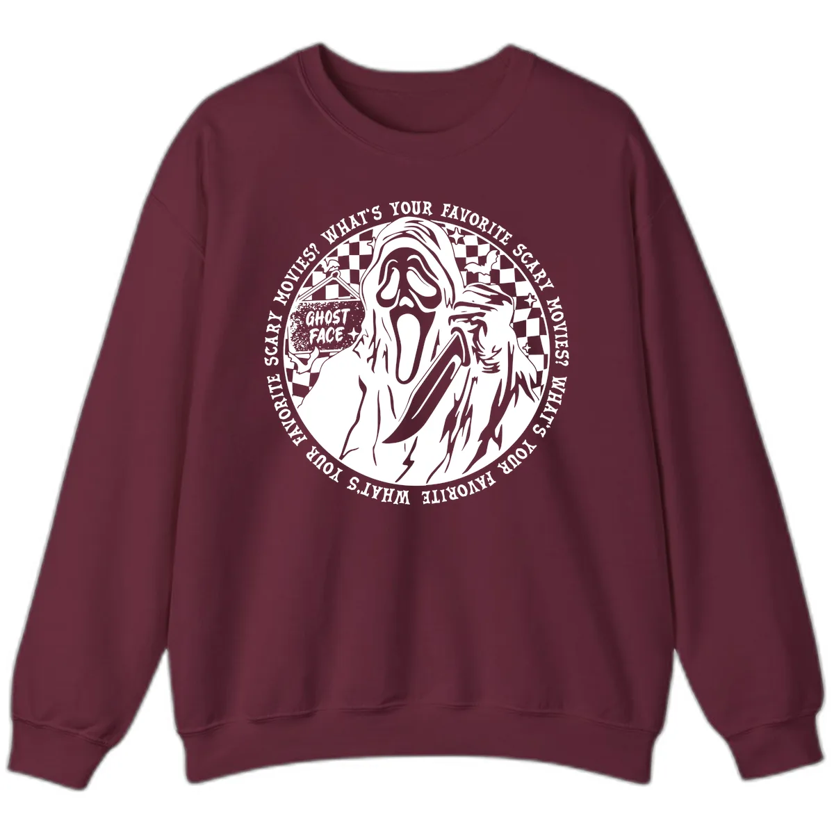 Ghost Face Favorite Scary Movies Sweatshirt in Maroon