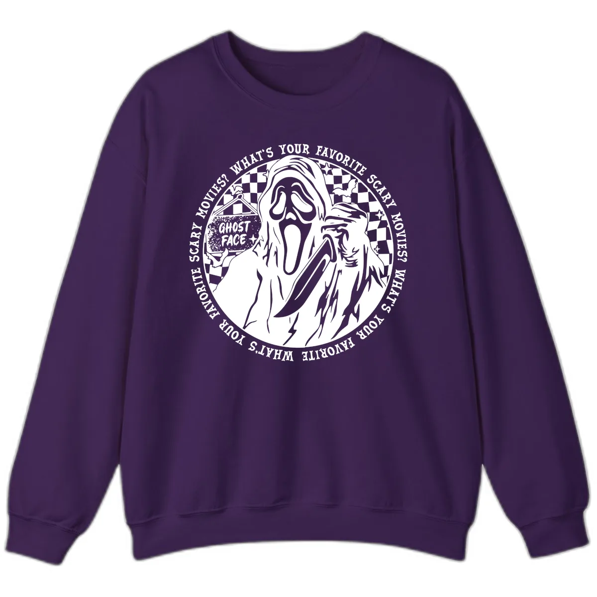 Ghost Face Favorite Scary Movies Sweatshirt in Purple