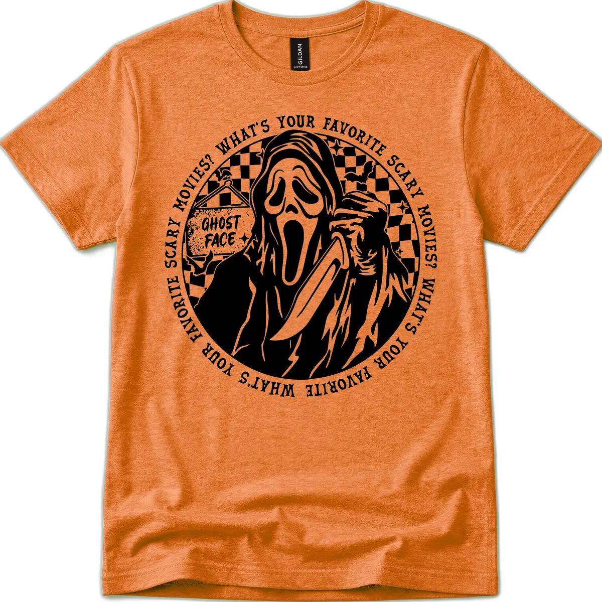 Ghost Face Favorite Scary Movies T-Shirt in Heather Orange