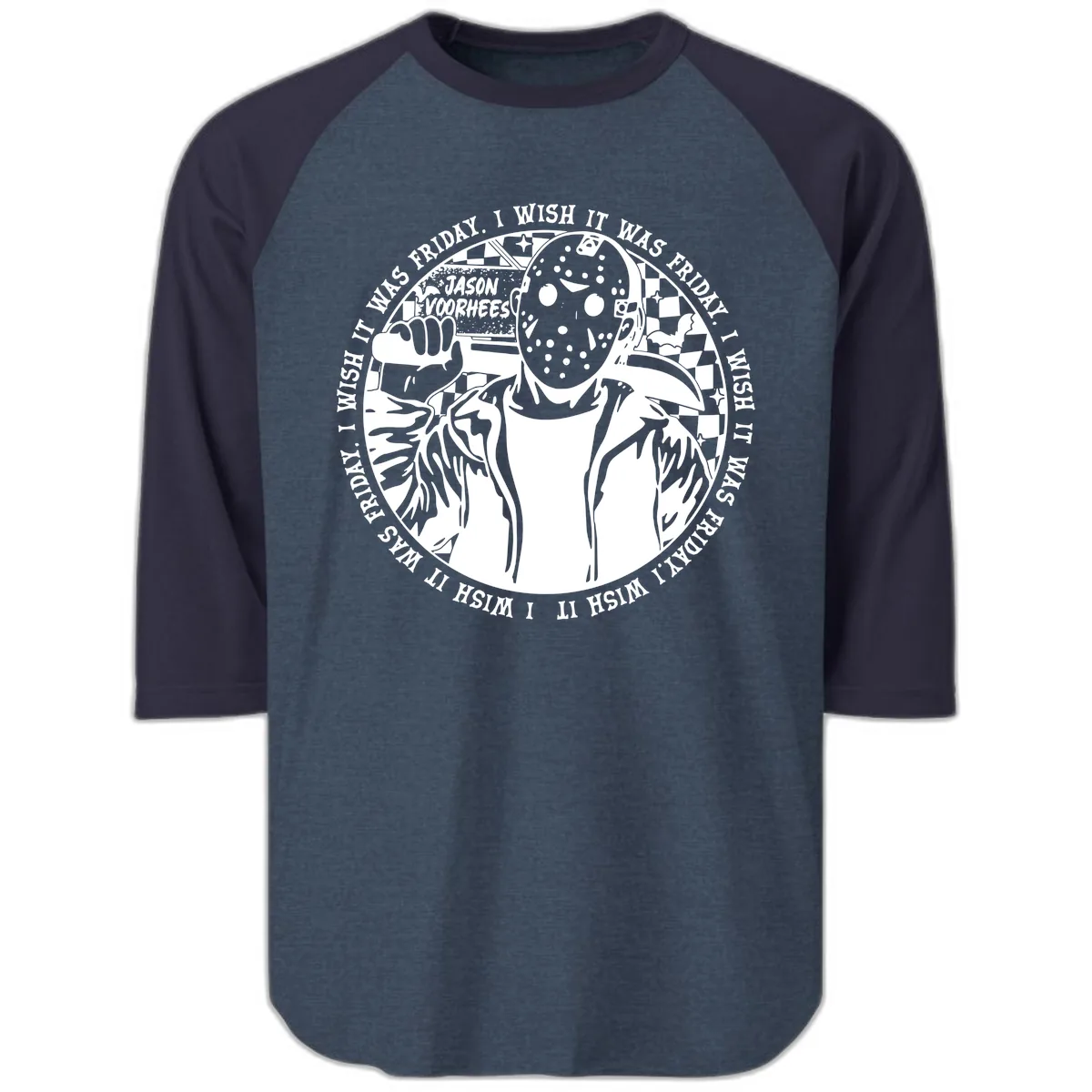 Jason Voorhees Friday The 13th Shirt Raglan 3/4 in Heather Denim Navy
