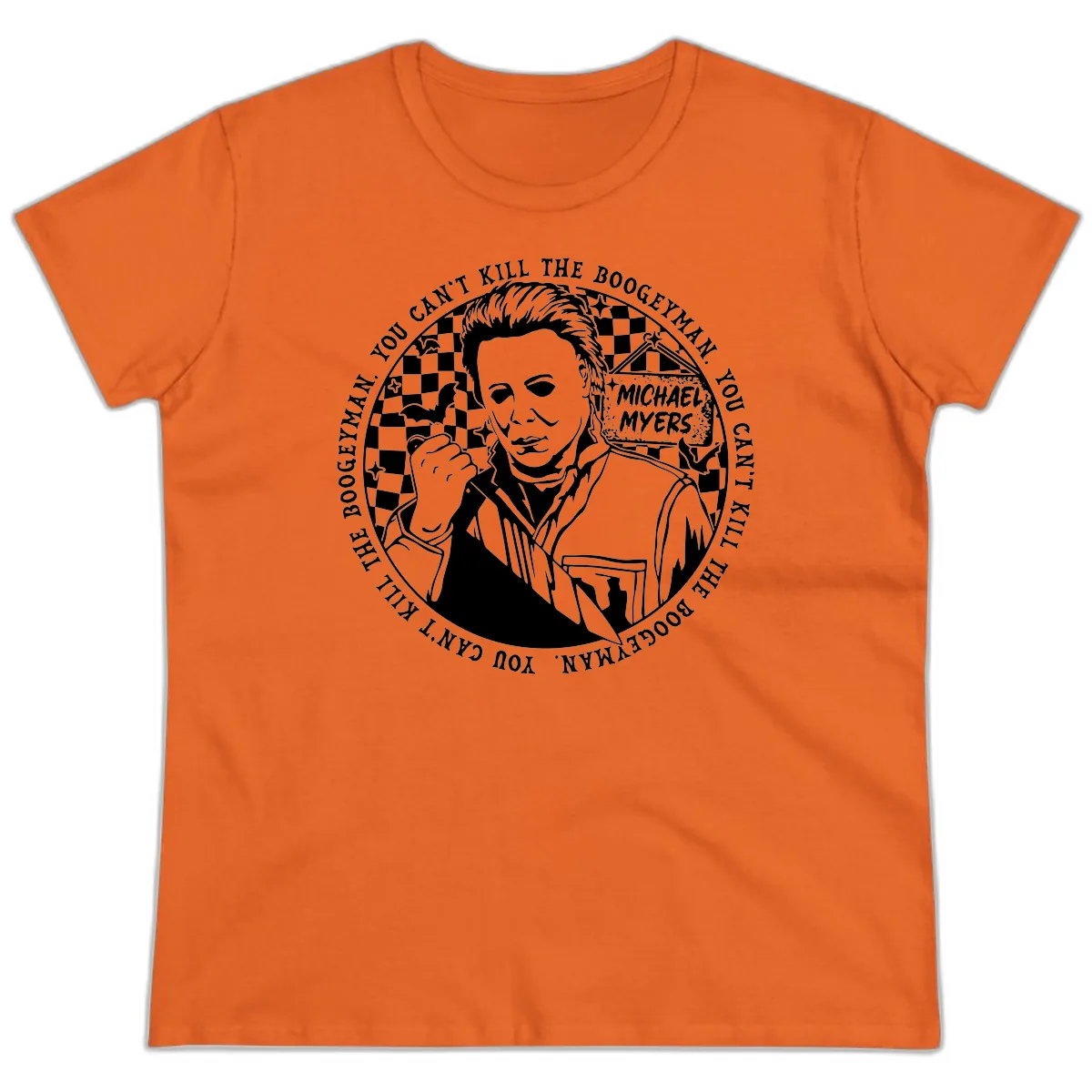 Michael Myers Boogeyman Halloween Graphic Ladies Tee in Orange