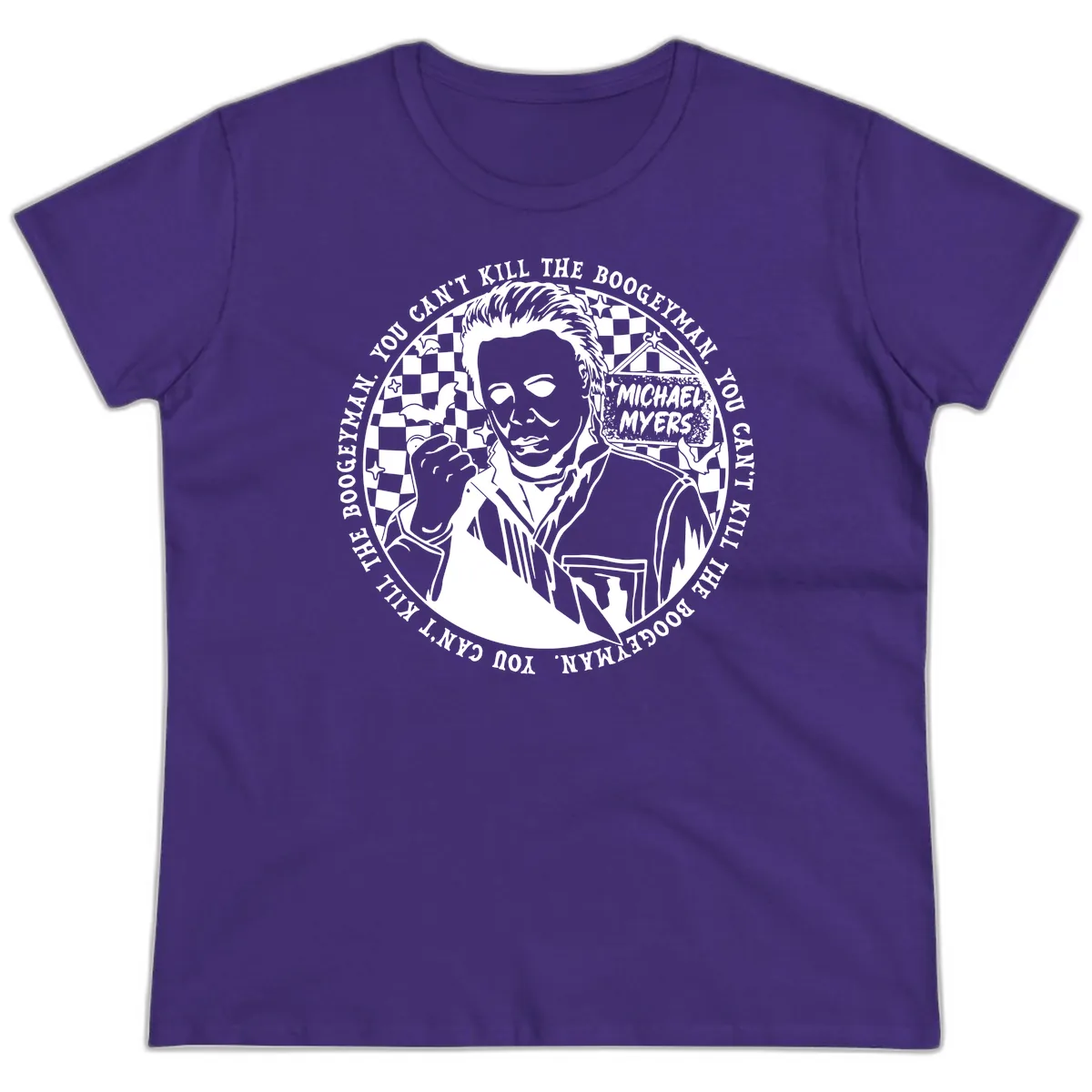Michael Myers Boogeyman Halloween Graphic Ladies Tee in Purple