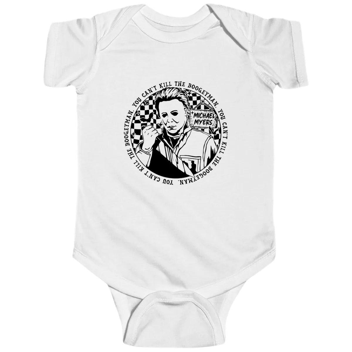 Michael Myers Boogeyman Halloween Graphic Baby Onesie in White