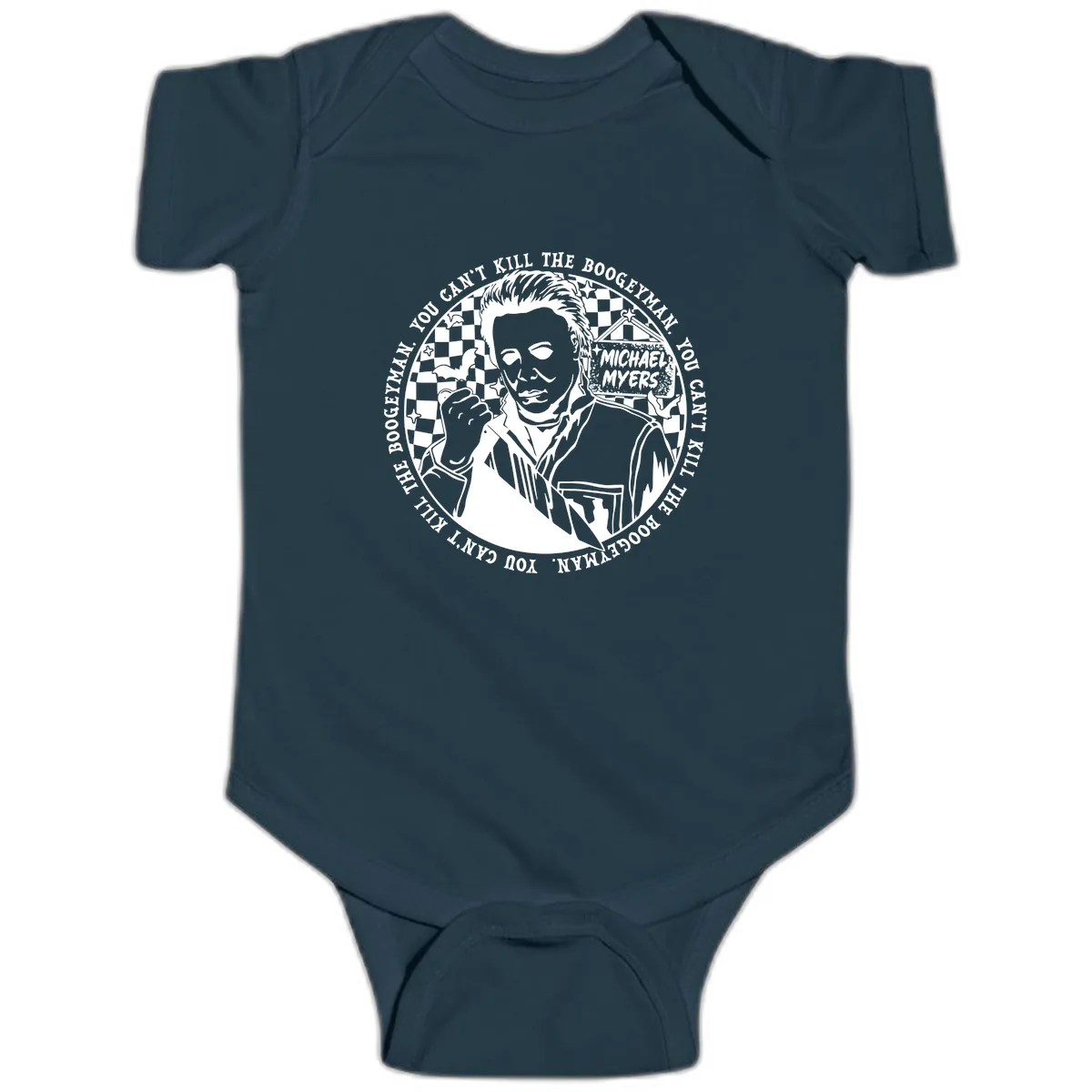 Michael Myers Boogeyman Halloween Graphic Baby Onesie in Navy