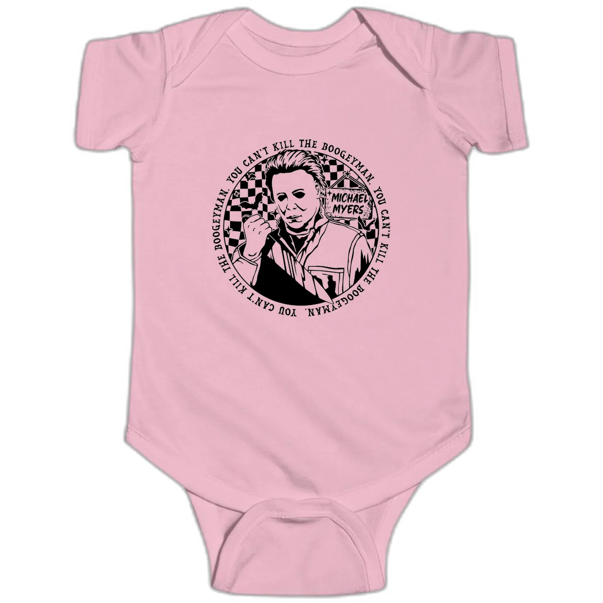 Michael Myers Boogeyman Halloween Graphic Baby Onesie in Pink